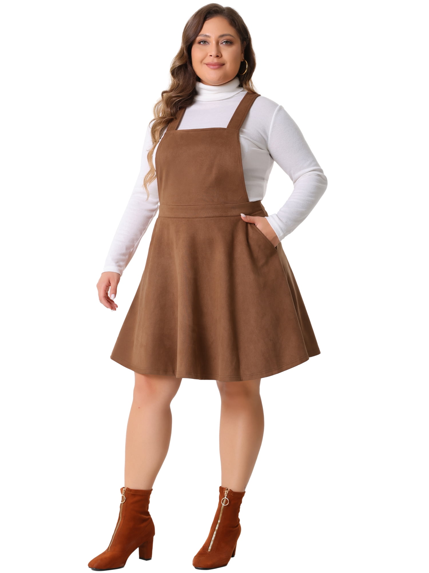 DARING DIVA Women's Plus Pinafore Dress Faux Suede Vintage A Line Jumper 4X Brown