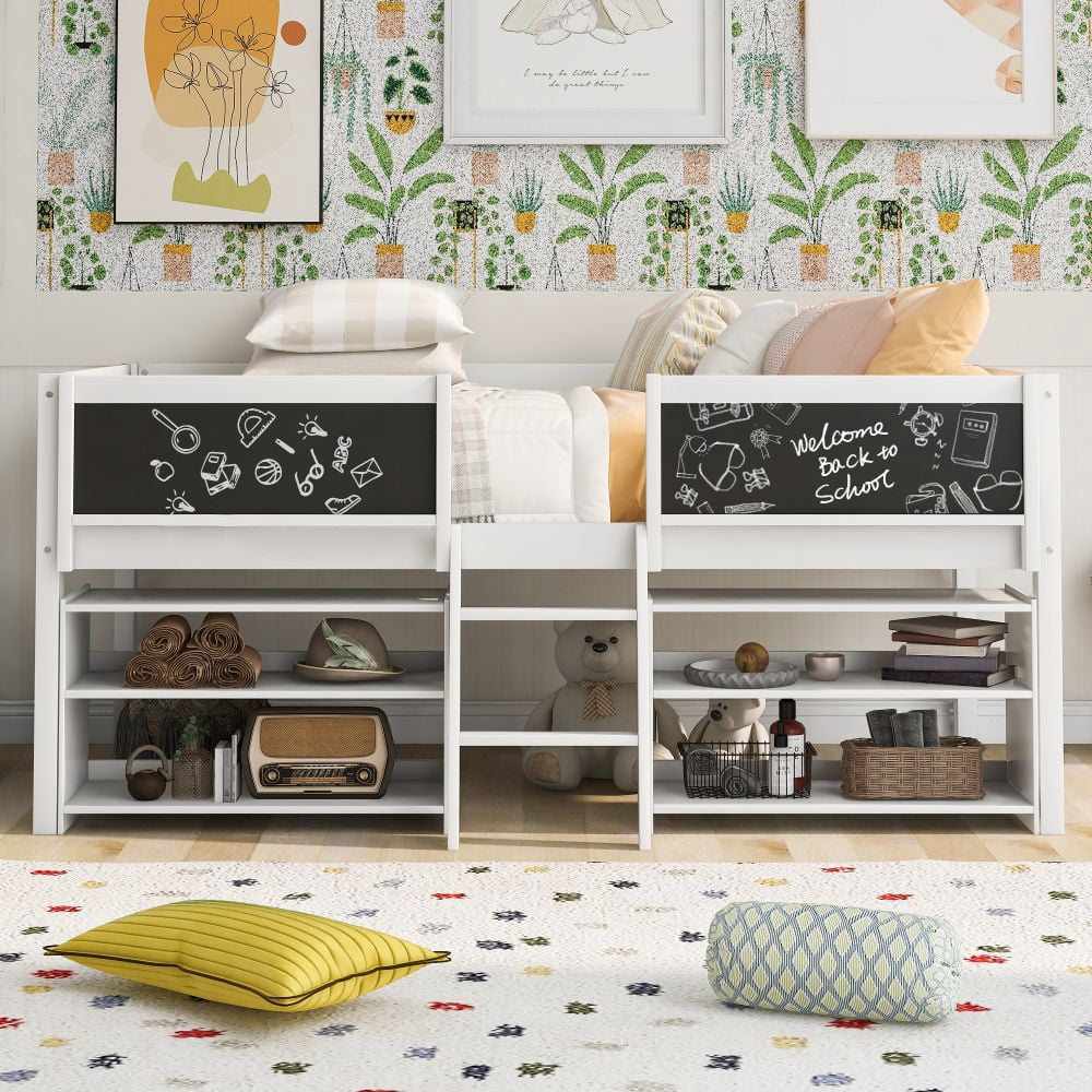 Twin Size Low Loft Bed with Two Movable Shelves and Ladder,with ...