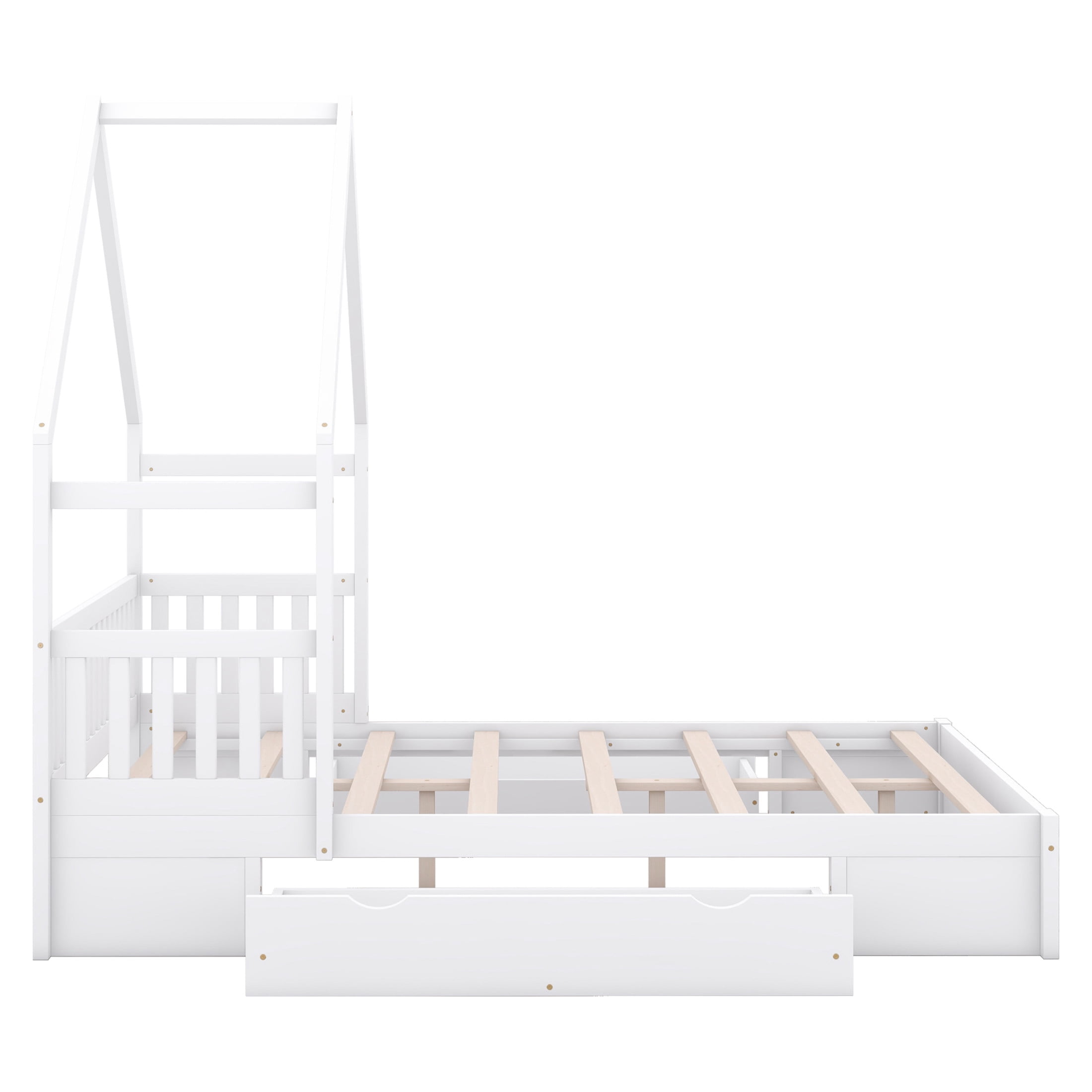 Noble House Nira Queen Size House-Shaped Platform Bed, Solid Pine Wood Bed with Storage Drawers, Space Saving, White