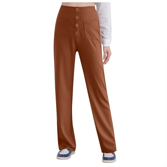Pantalon Décontracté Taille Haute Jambe Droite avec Poches pour Femmes