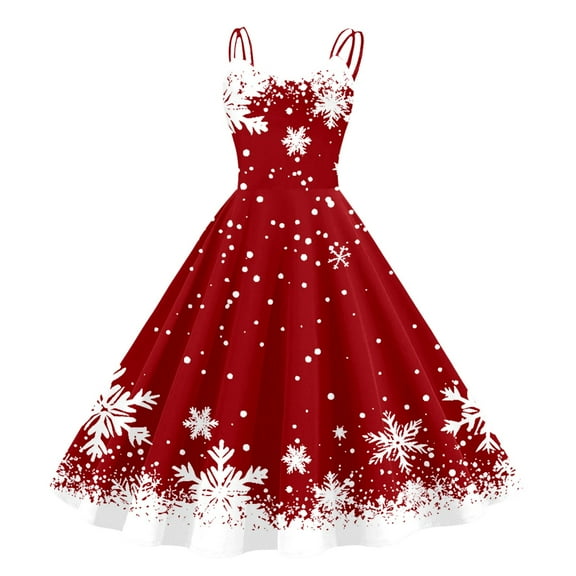 Arlun Christmas Strappy Dresses for Women 1950s Retro Vintage Outfits Xmas Sleeveless Spaghetti Strap Snow Printed A-Line Flare Midi Dress 2025 Fashion Slim Clothes Red XL