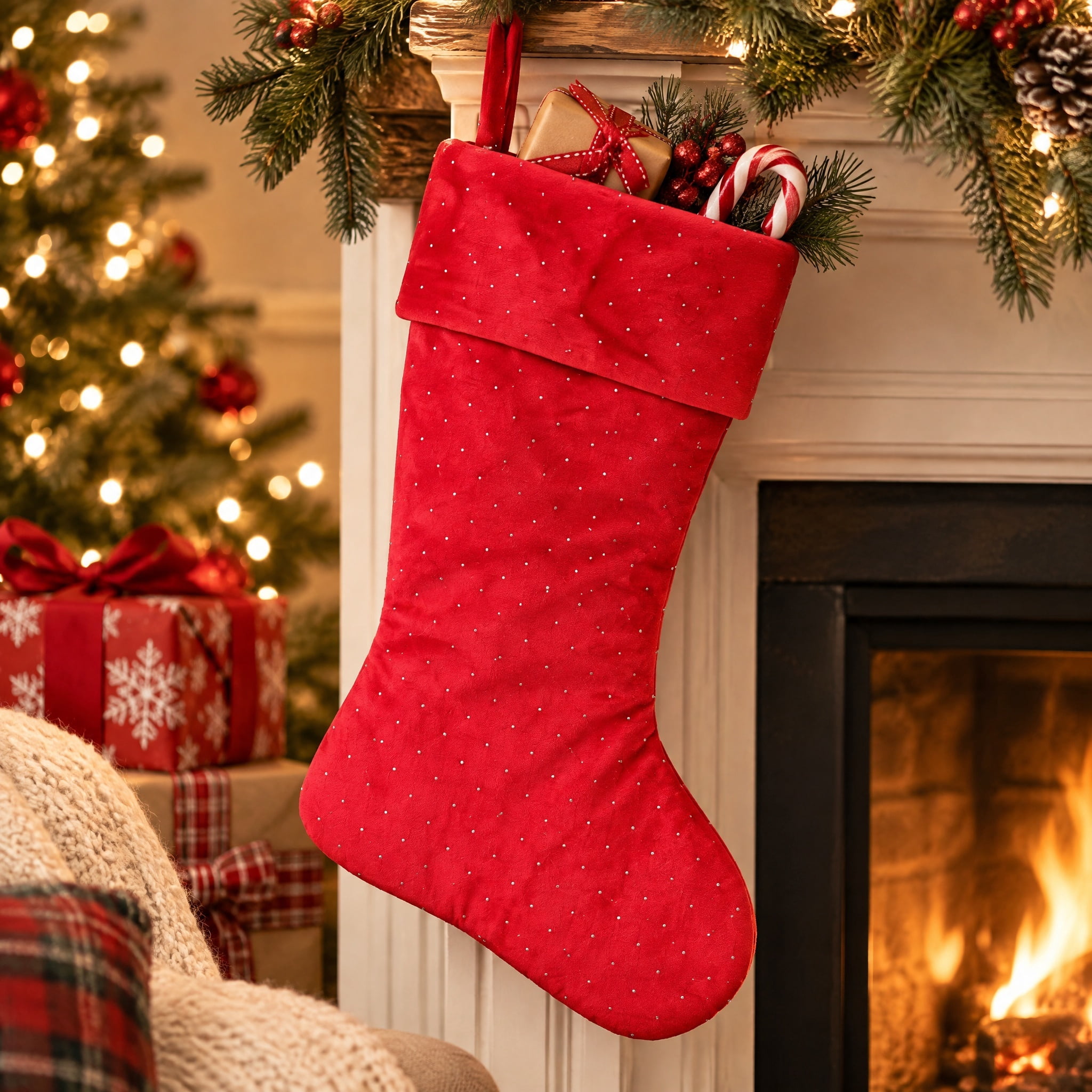 Velvet Christmas Stocking with Rhinestones, Red, 18", by Holiday Time