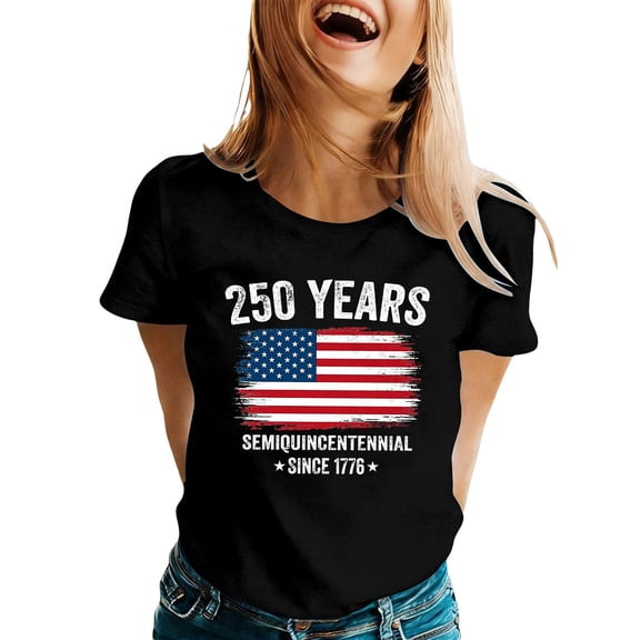 Womens 250 Anniversary Usa Shirt 250 Anniversary Usa Flag Independence Day Freedom T-Shirt Crew Neck Comfy America Pullover Streetwear