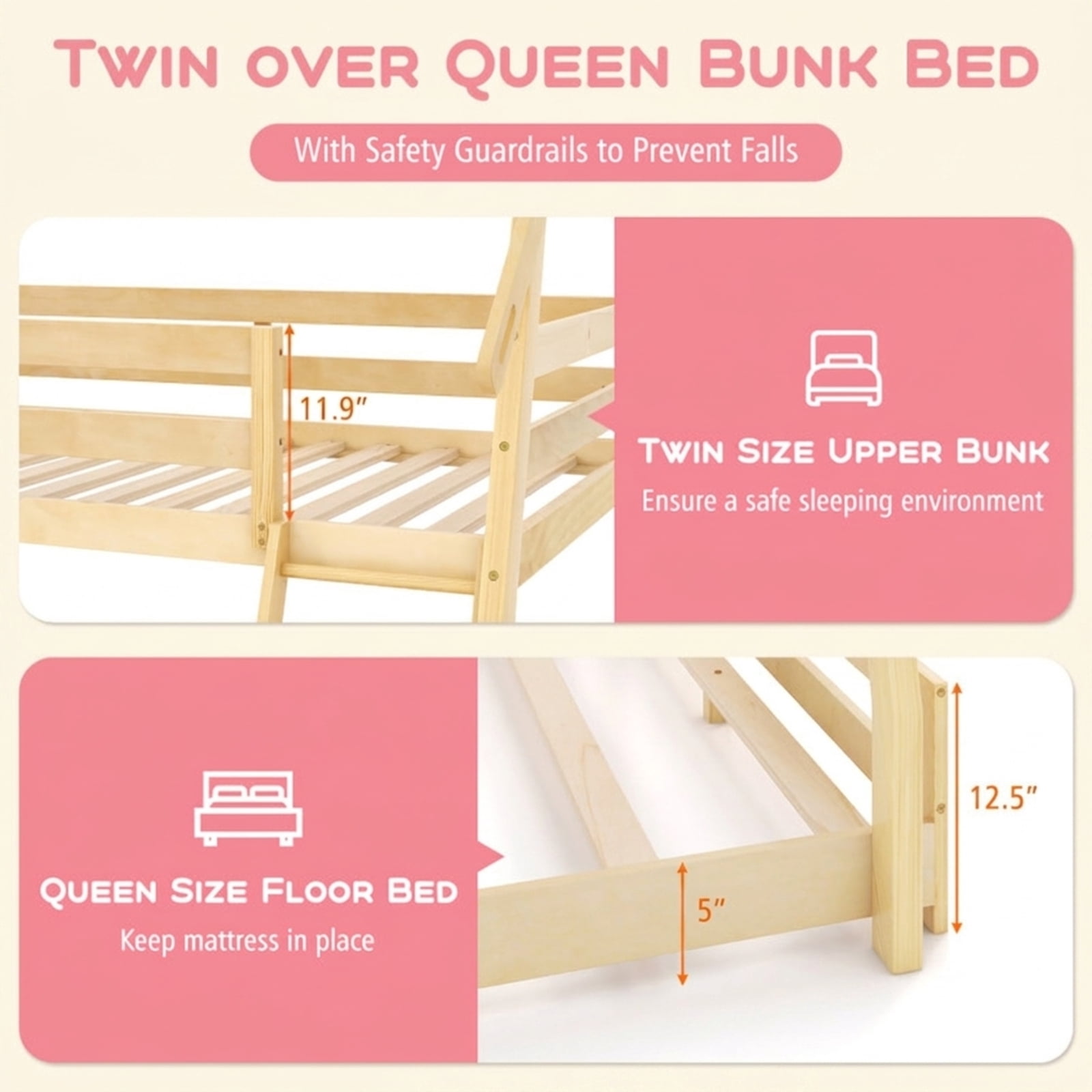 Furnibear Twin Over Queen Bunk Bed Wooden Kids Bed Frame with Climbing Nets Ramp and House Roof for Kids Bedroom, Natural