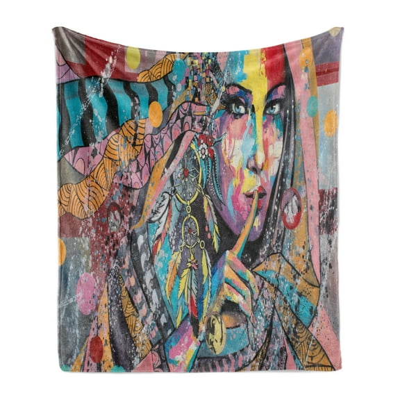 Modern Art Soft Flannel Fleece Throw Blanket, Girl Dreamcatcher and Ethnic Murky Colorful Paint, Cozy Plush for Indoor and Outdoor Use, 60" x 80", Multicolor, by Ambesonne