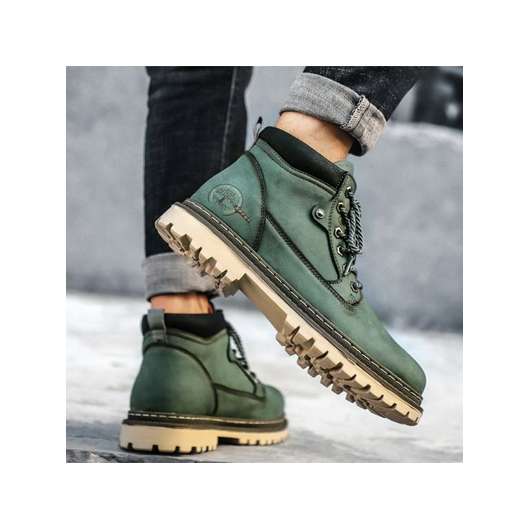 Gomelly Men Breathable Work Boots Non-Slip Round Toe Leather Shoes Hiking  Working Comfort Lace Up Ankle Boot Green 8 