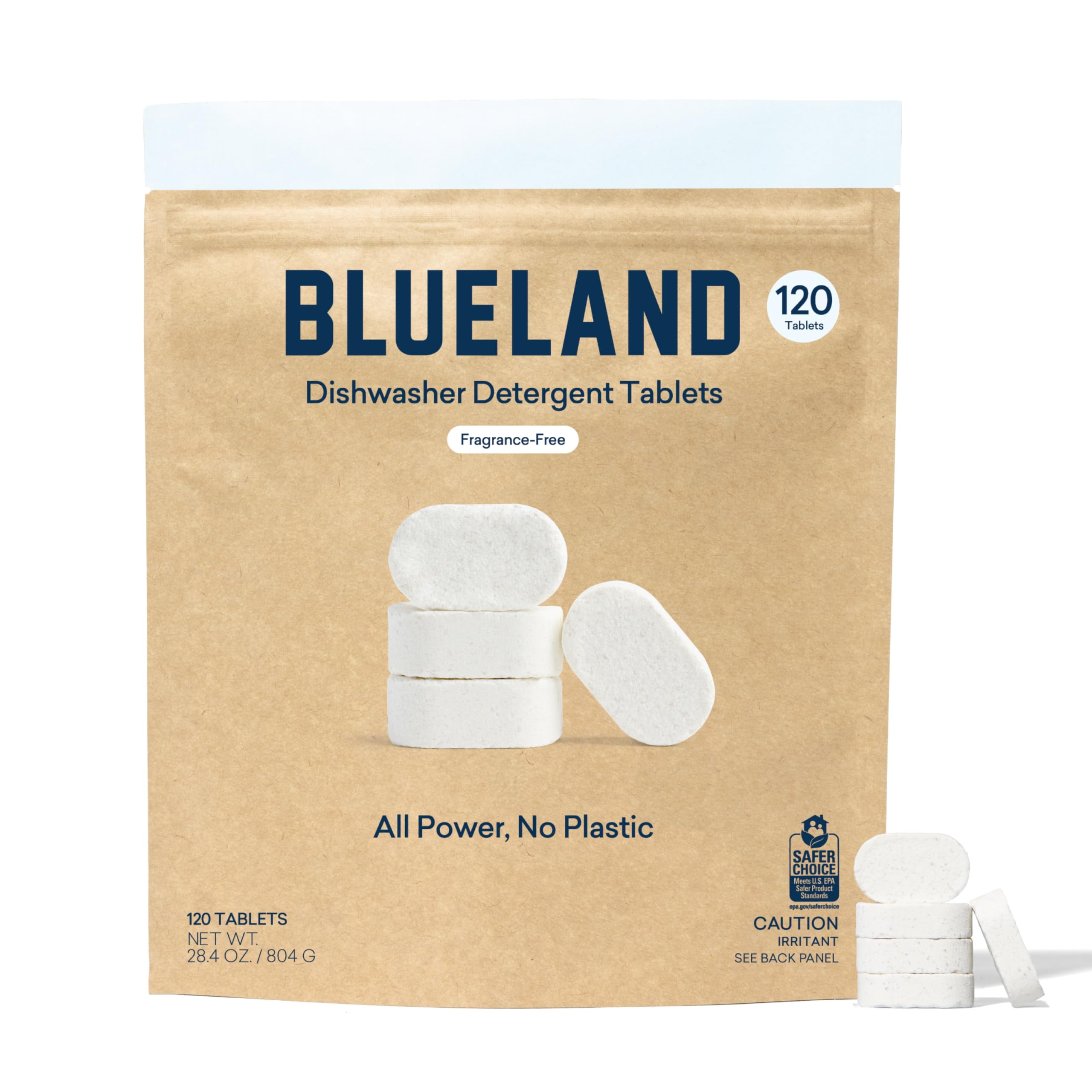 Tablettes de détergent pour lave-vaisselle sans plastique BLUELAND, 120 unités, sans parfum