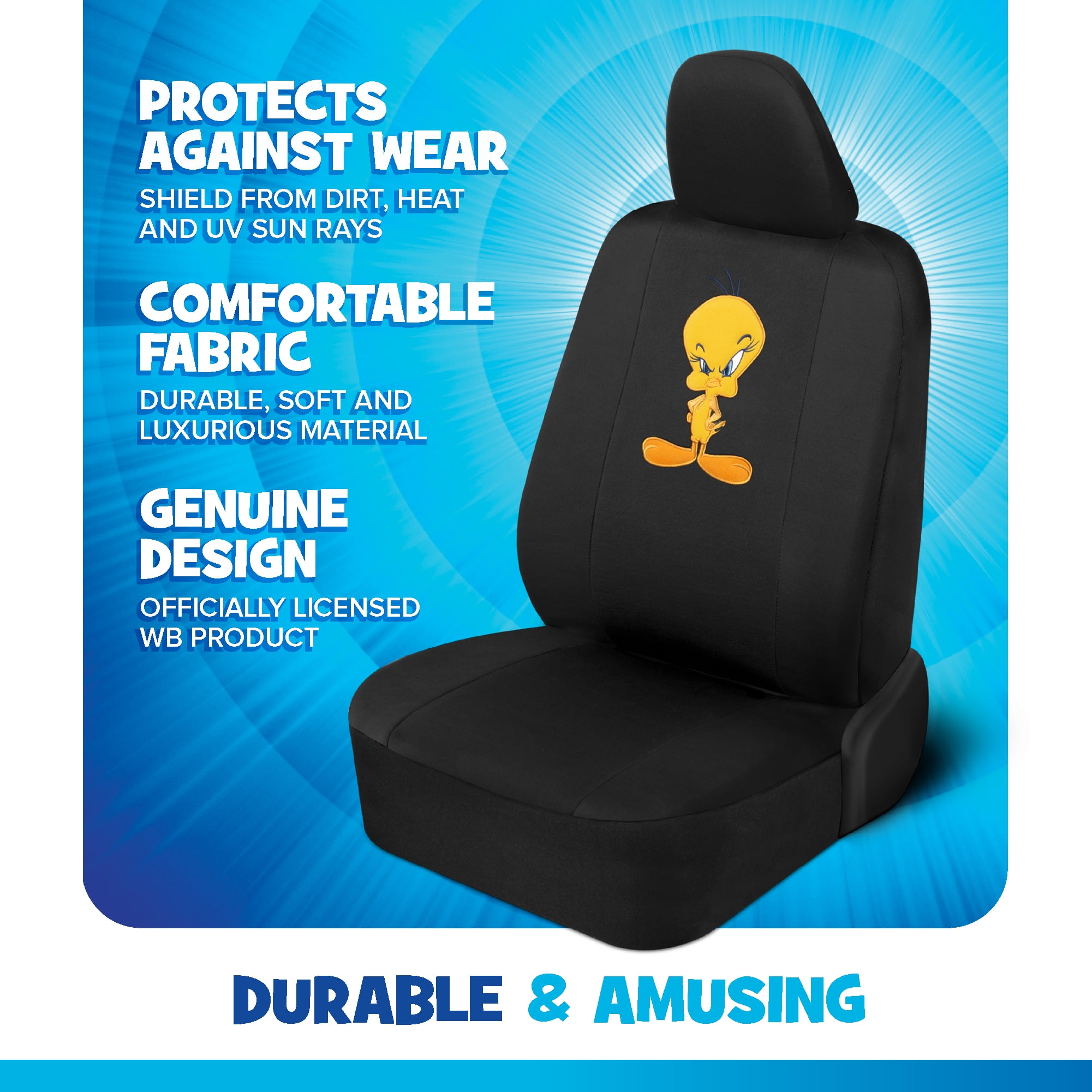BDK Warner Brothers Looney Tunes Tweety Bird Front & Rear Car Seat Covers Full Set - Easy to Install Durable & Stylish Polyester Fabric Car Seat Cover - Airbag Compatible Universal Fit Car Accessorie