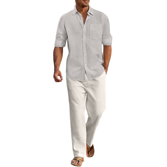 CONZONE Mens 2 Peice Cotton Linen Set Summer Outfits for Men Solid Color Long Sleeve Buttons Shirts Pants Cozy Lightweight Beach Jogging Tracksuit