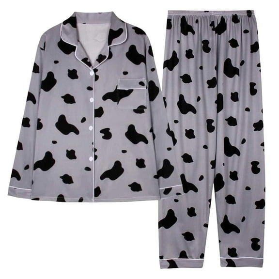 Hrsba Women's Pajama Set Long Sleeve Collared Cardigan with Long Pants Print Pocket and Button