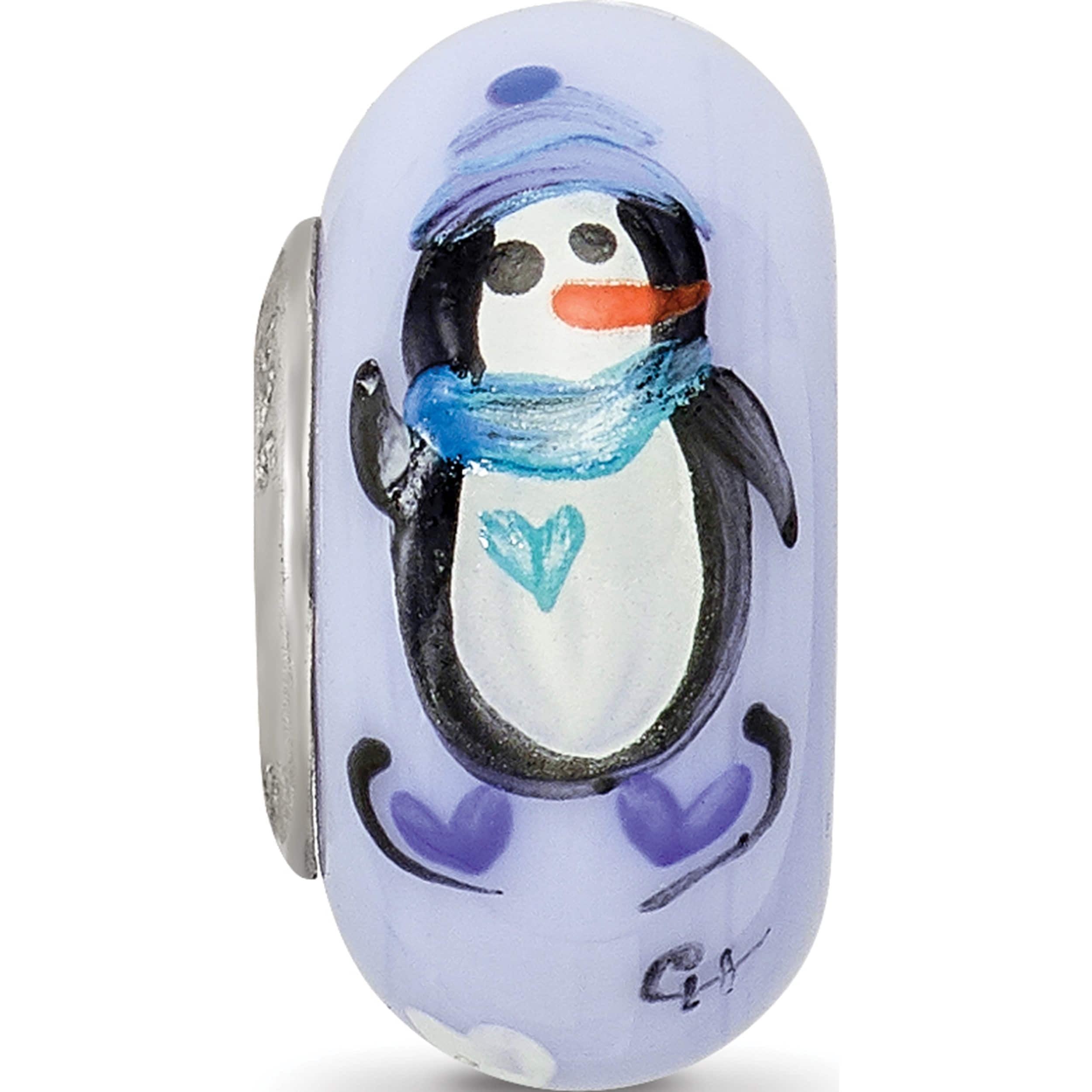 Sterling Silver Blue Hand Painted Penguins Fenton Glass Bead Made In United States qrs3612