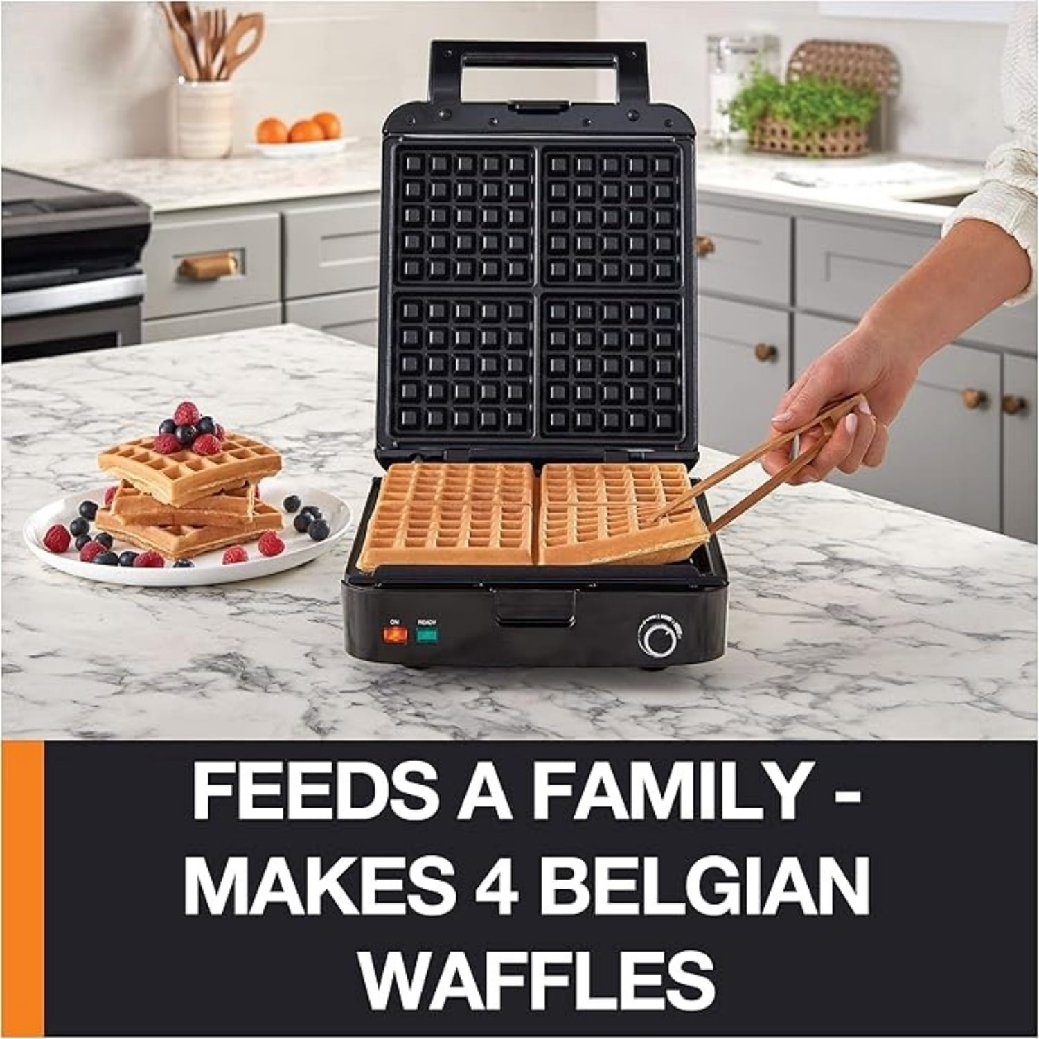 4-Slice Belgian Waffle Maker: Stainless Steel, 5 Browning Levels, Audible Ready Beep, Removable Plates, 1200W, Silver/Black, Large Waffle Maker Family Size, Great for Family Breakfasts