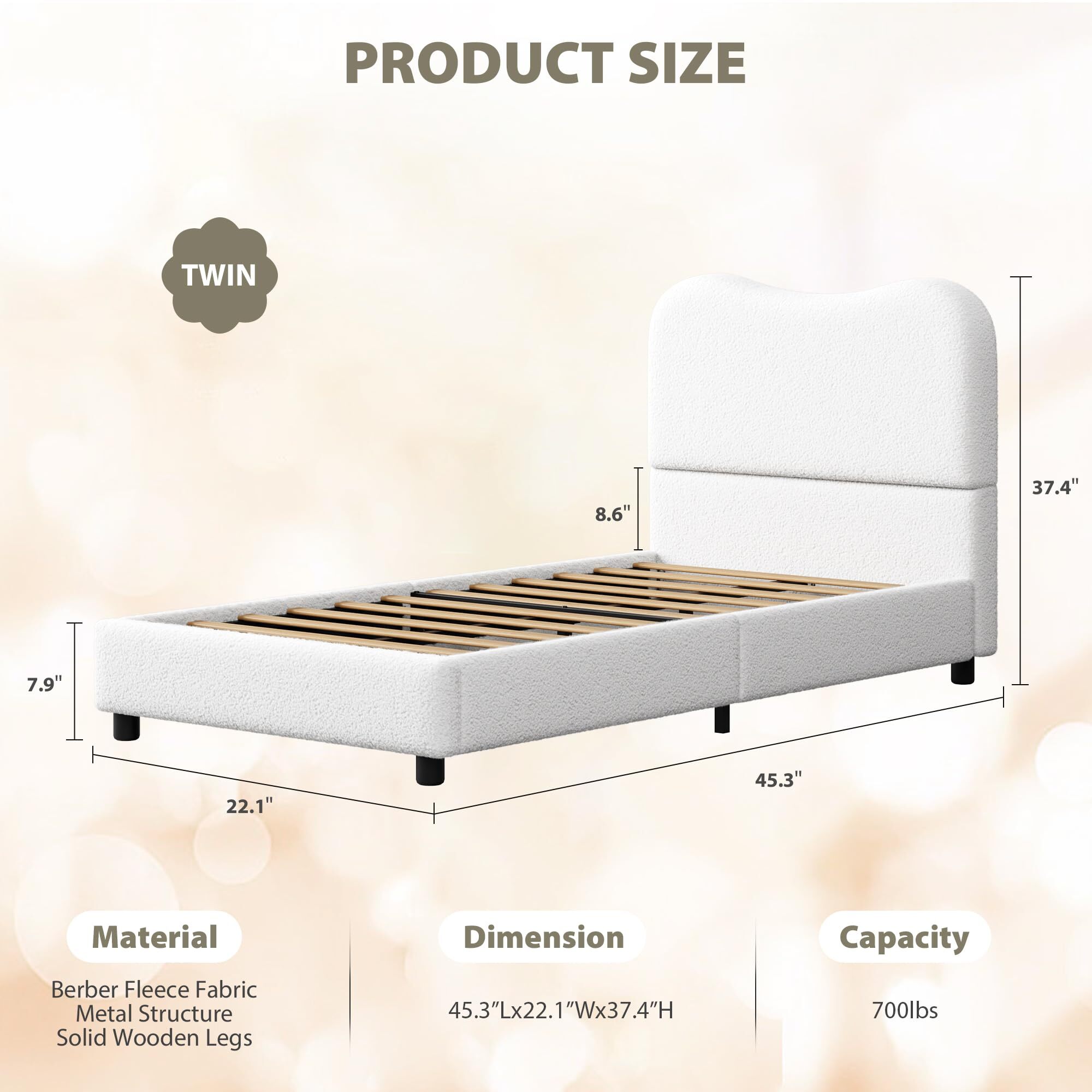 Jojoka Modern Twin Bed Frame Upholstered in Soft Boucle Fabric, Sturdy Wooden Slats, No Gap Headboard, Easy Assembly, No Box Spring Needed, Beige