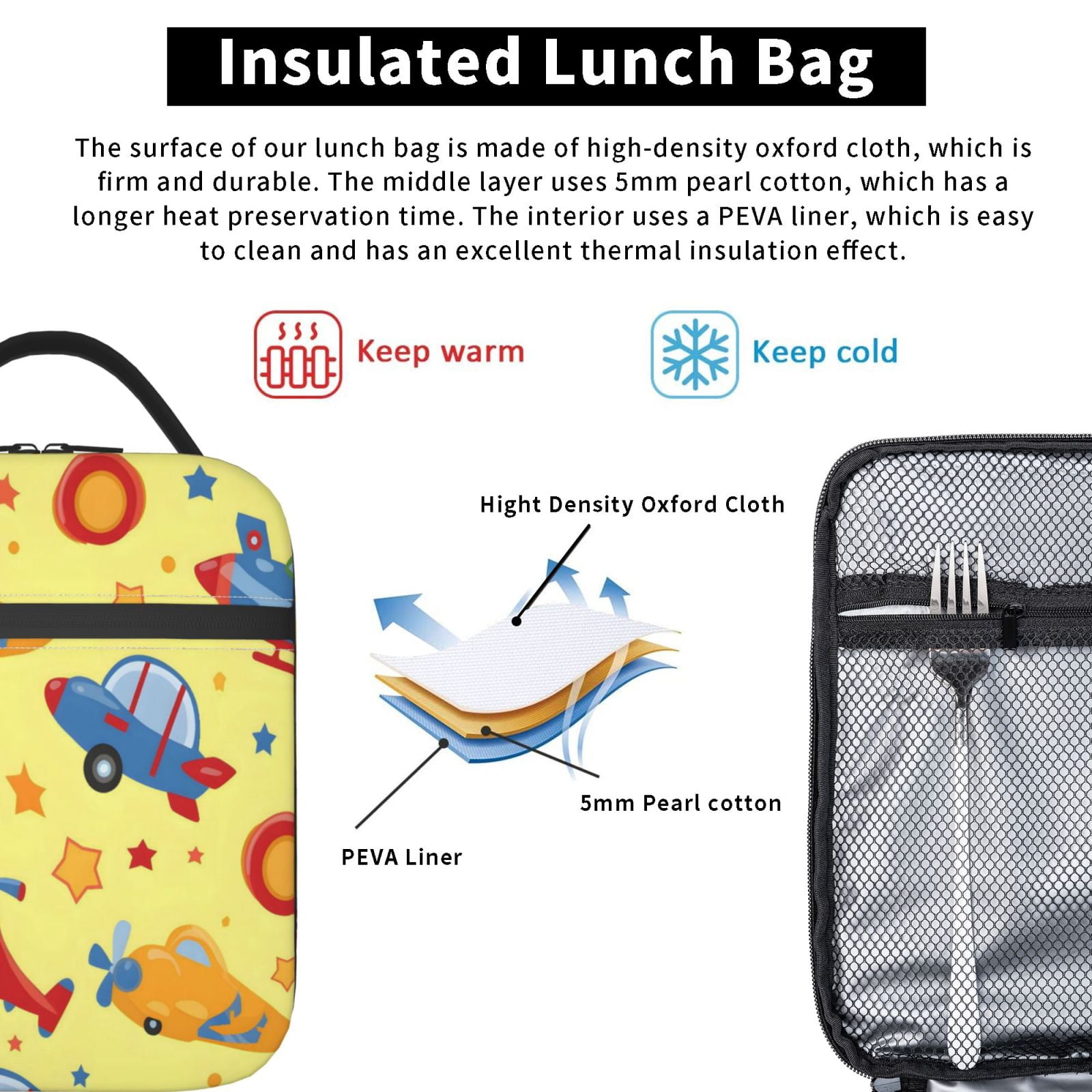 Lunch Bag For Women Men Insulated Portable Lunch Box Bento Box Office Picnic Travel Cooler Bag Colorful Cartoon Toy Car Plane Helicopter