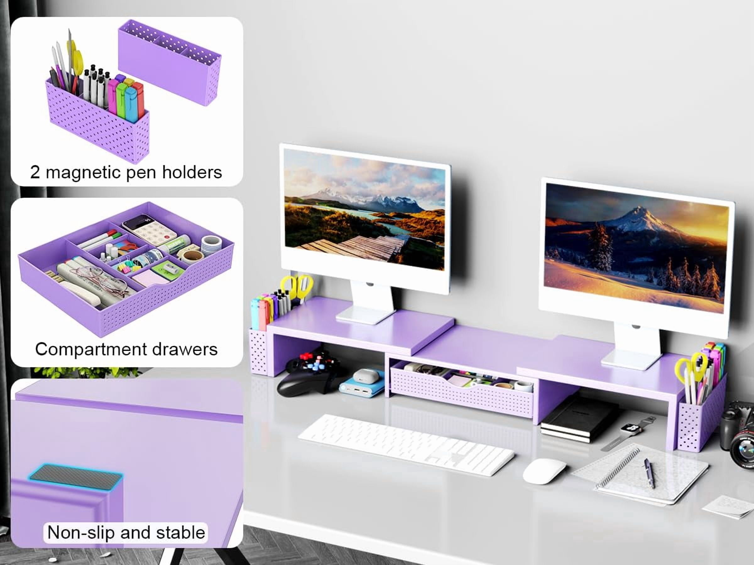 Metal Desk Organizers And Accessories  Dual Monitor Stand Riser With Drawer 2 Pen Holders & Workspace Desktop For Office Supplies (purple)