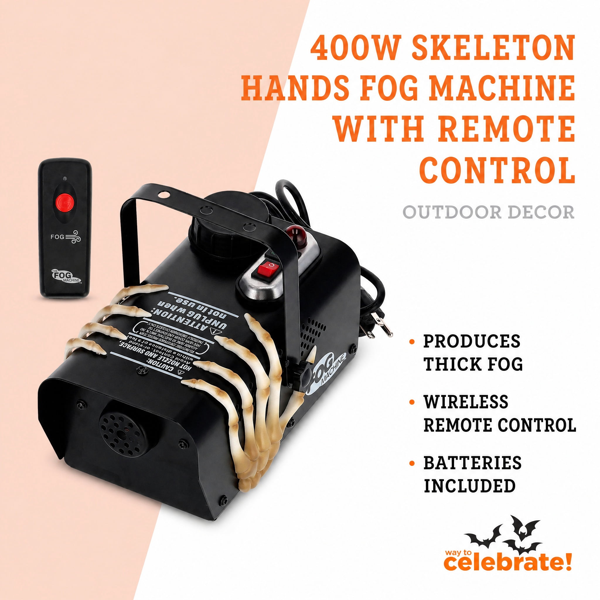 400W Skeleton Hands Fog Machine with Remote Control, Black, Halloween by Way To Celebrate