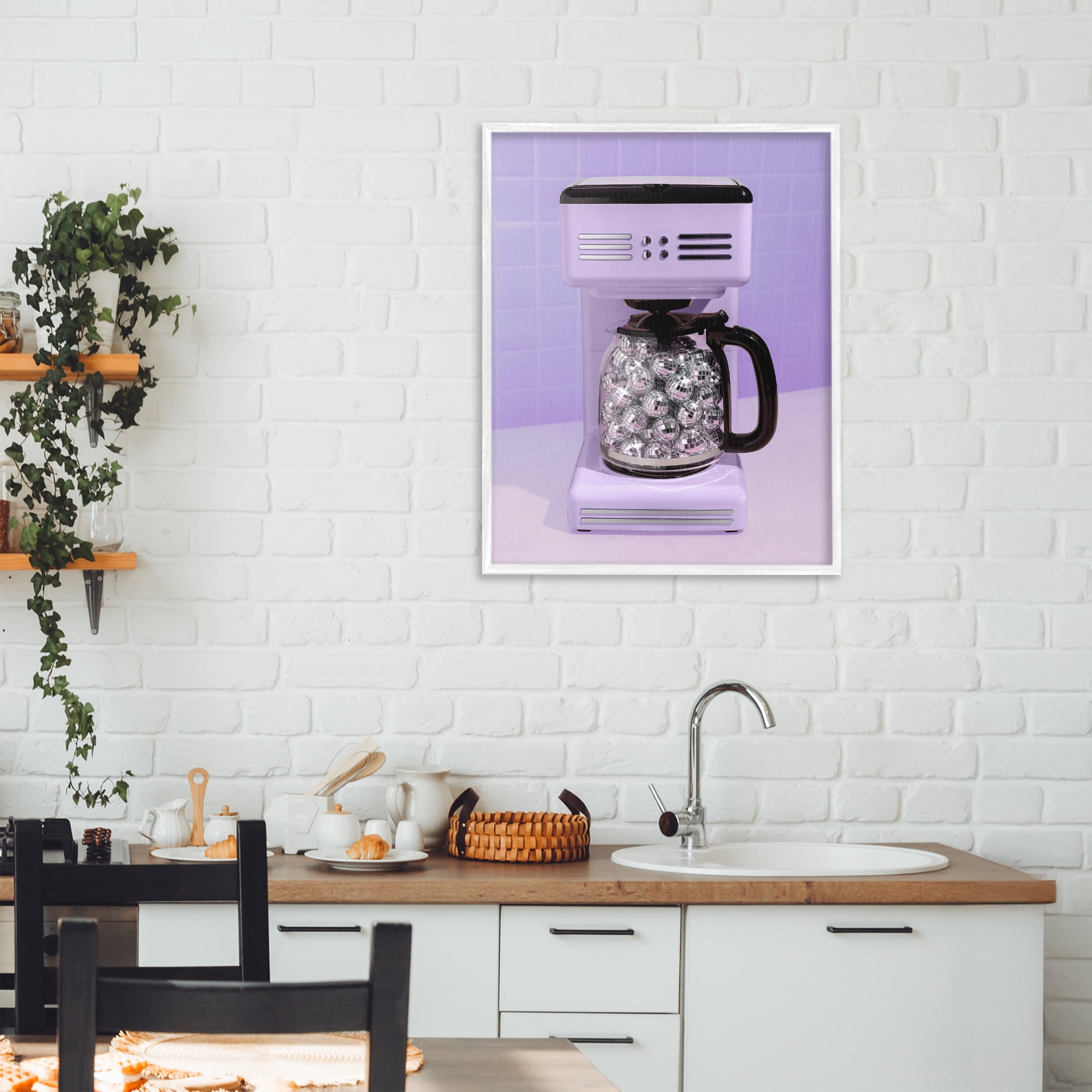 Stupell Industries Disco Coffee Maker over Purple White Framed Giclee Art, design by LISH Creative