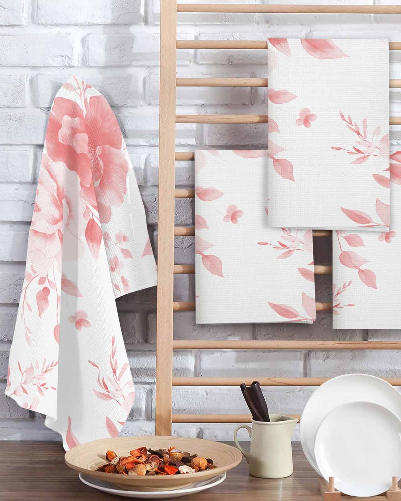 Pink Floral Art Kitchen Dish Towels for Drying Dishes Set of 4, Watercolor Botanical Spring Flowers Waffle Weave Microfiber Terry Hand Tea Bathroom Towels Quick Dry & Absorbent Towel 15.7x23.6