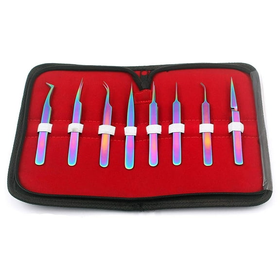 OdontoMed2011® Set Of 8 Piece Stainless Steel Multi Rainbow Color Eyelash Extension tweezers Jewelry-making, Laboratory Work