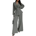 thumbnail image 3 of Women'S 2 Piece Outfits Long Sleeve V Neck Blazer Wide Leg Sets Office Work Clothes Gray L, 3 of 10