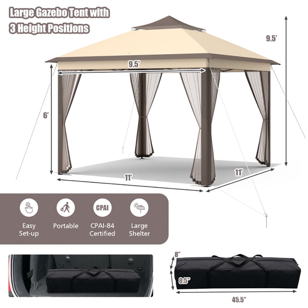 Aimee Lii 11 x 11 Feet 2-Tier Pop-Up Gazebo Tent Portable Canopy Shelter Carry Bag Mesh, Backyard Canopy Gazebo for Party Wedding, Brown Aimee Lii 11 x 11 Feet 2-Tier Pop-Up Gazebo Tent Portable Canopy Shelter Carry Bag Mesh, Backyard Canopy Gazebo for Party Wedding, Brown