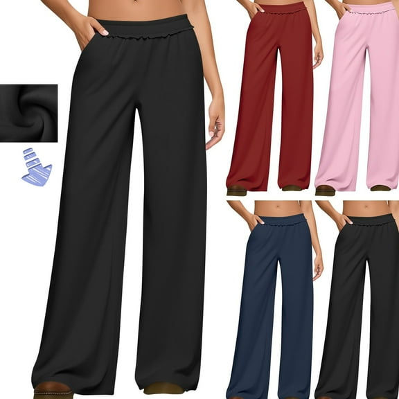 Gamivast Comfortable Knit Ribbed Pants for Women Winter Warm Elastic Waist Trousers with Pockets Casual Work Wide Leg Sweatpants Outdoor Solid Color Jogger