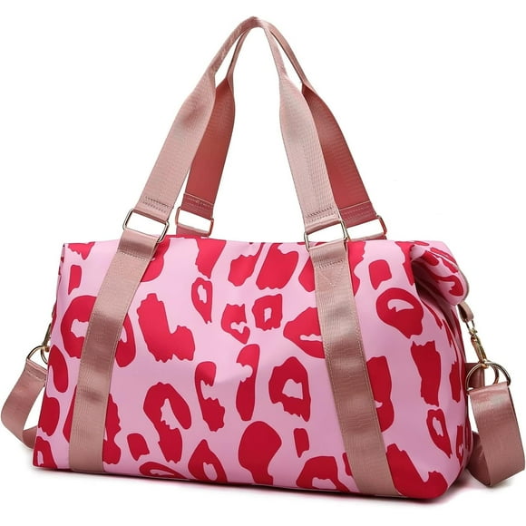 Cow Print Travel Duffle Bags for Womens, Pink Leopard Sports Tote Gym Bag,Carry on Overnight Workout Bag with Trolley Sleeve Wet Pocket Beach Yoga, Cow, Animal Sport Travel