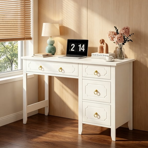 4 Ever Winner White Desk with 4 Drawers, Computer Desk with Storage, Home Office Desk for Small Spaces, Modern Makeup Vanity Dressing Desk, White