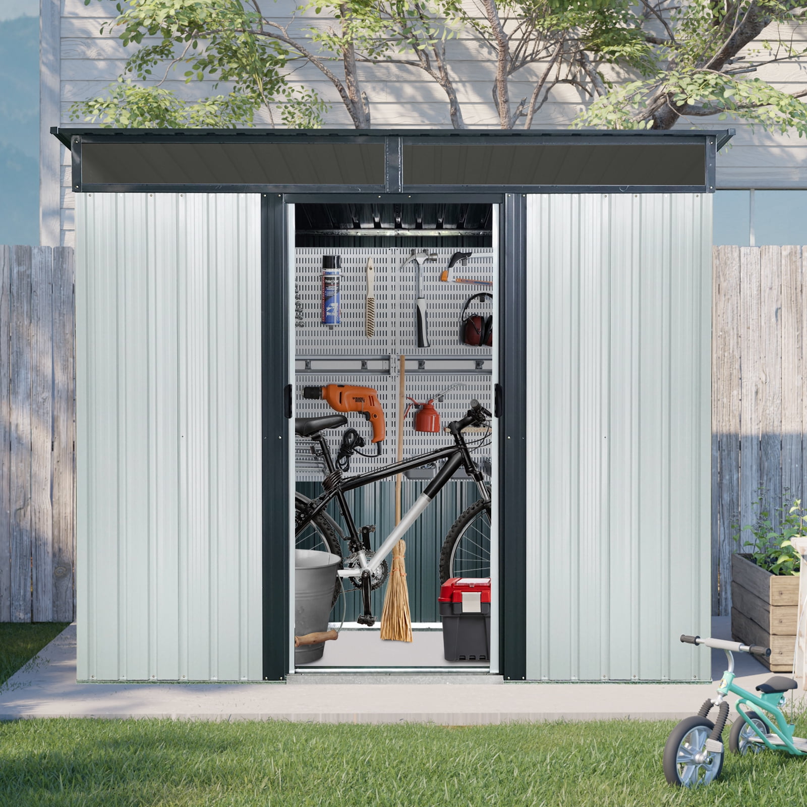 Alvantor Outdoor Storage Shed 8 x 6 Ft Metal Garden Shed with Window and Transparent plate for Backyard, Garden White