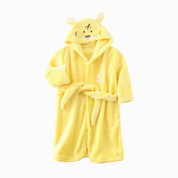 NIEWTR Toddler Kids Baby Boys Girls Printed Bathrobes Hooded Warm Flannel Night Robe Sleepwear Cute Warm Pajamas Robe Child Sleepwear Homewear Pjs(B-Yellow,5-6 Years)