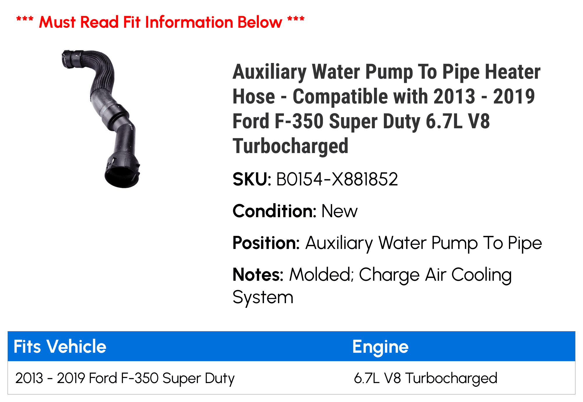 Auxiliary Water Pump To Line Heater Hose - Compatible with 2013 - 2019 Ford F-350 Super Duty 6.7L V8 Turbocharged 2014 2015 2016 2017 2018