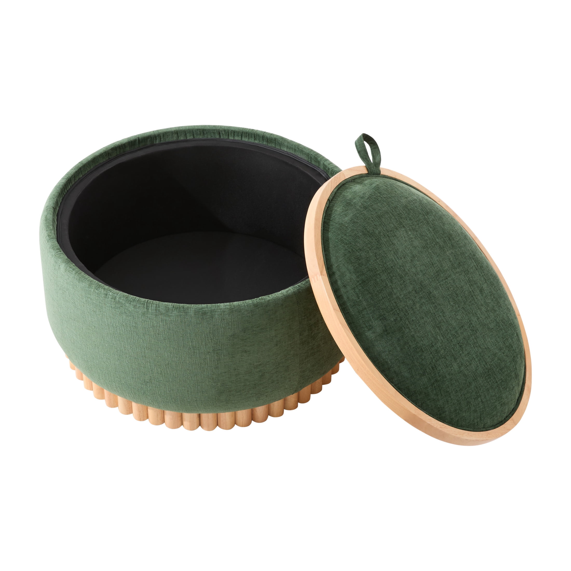 Noble House 29" Round Storage Ottoman with Reversible Wood Tray Lid and Base, Chenille Upholstered Footrest, Green