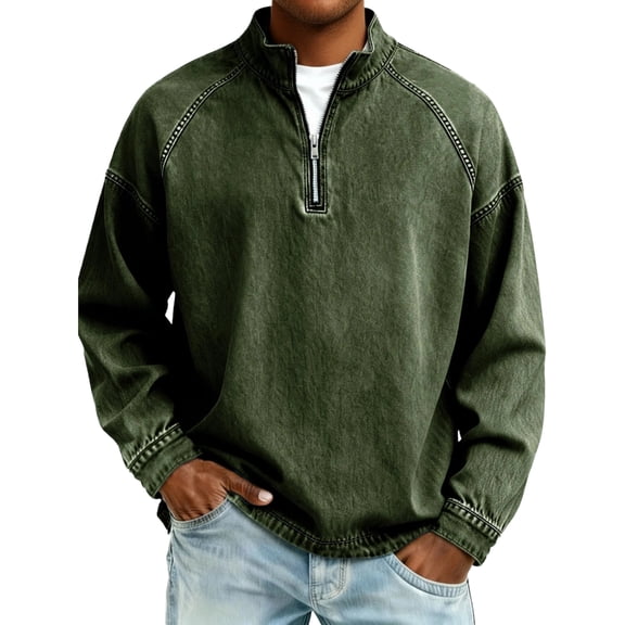 Havenx Men's 1/4 Zip Pullover Acid Wash Vintage Distressed Faux Denim Sweatshirt Raglan Long Sleeve Stand Collar Mock Neck Sweater Casual 2026 Fall Winter Thermal Lightweight Tops,Camouflage Green L