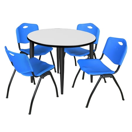 

Regency Kahlo 42 in. Round Breakroom Table- White Black Base & 4 M Stack Chairs- Blue
