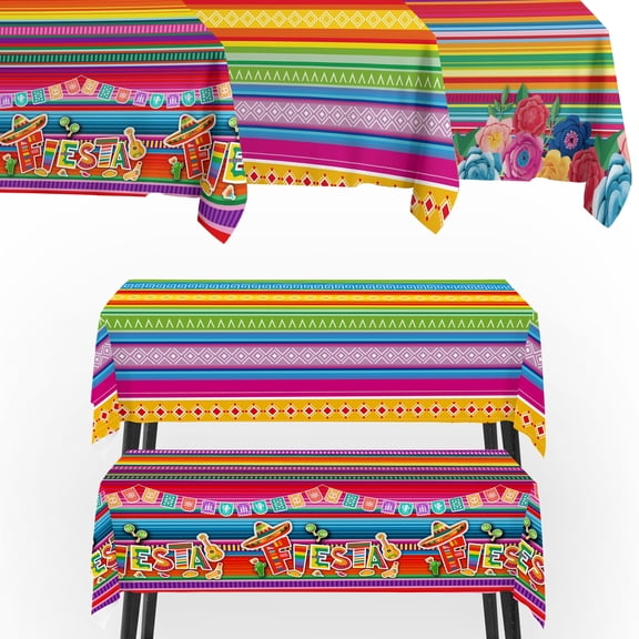 Wowhub Mexican Fiesta Tablecloth 3 Pack, 54 x 108 Inch Plastic Serape Table Covers for Fiesta Party Decorations, Taco Night, Mexican Party Supplies