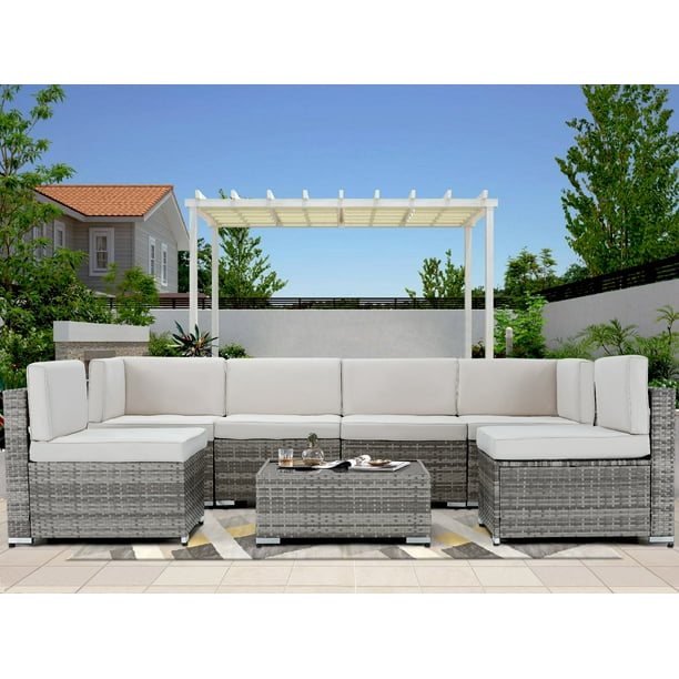 Danrelax Pe Rattan Wicker 7 Piece Outdoor Furniture Sectional Sofa Sets With Grey Cushions For Backyard Lawn Bistro Poolside Garden Patio Com Danrelax Pe Rattan Wicker 7 Piece, Grey Rattan Garden Furniture Sets