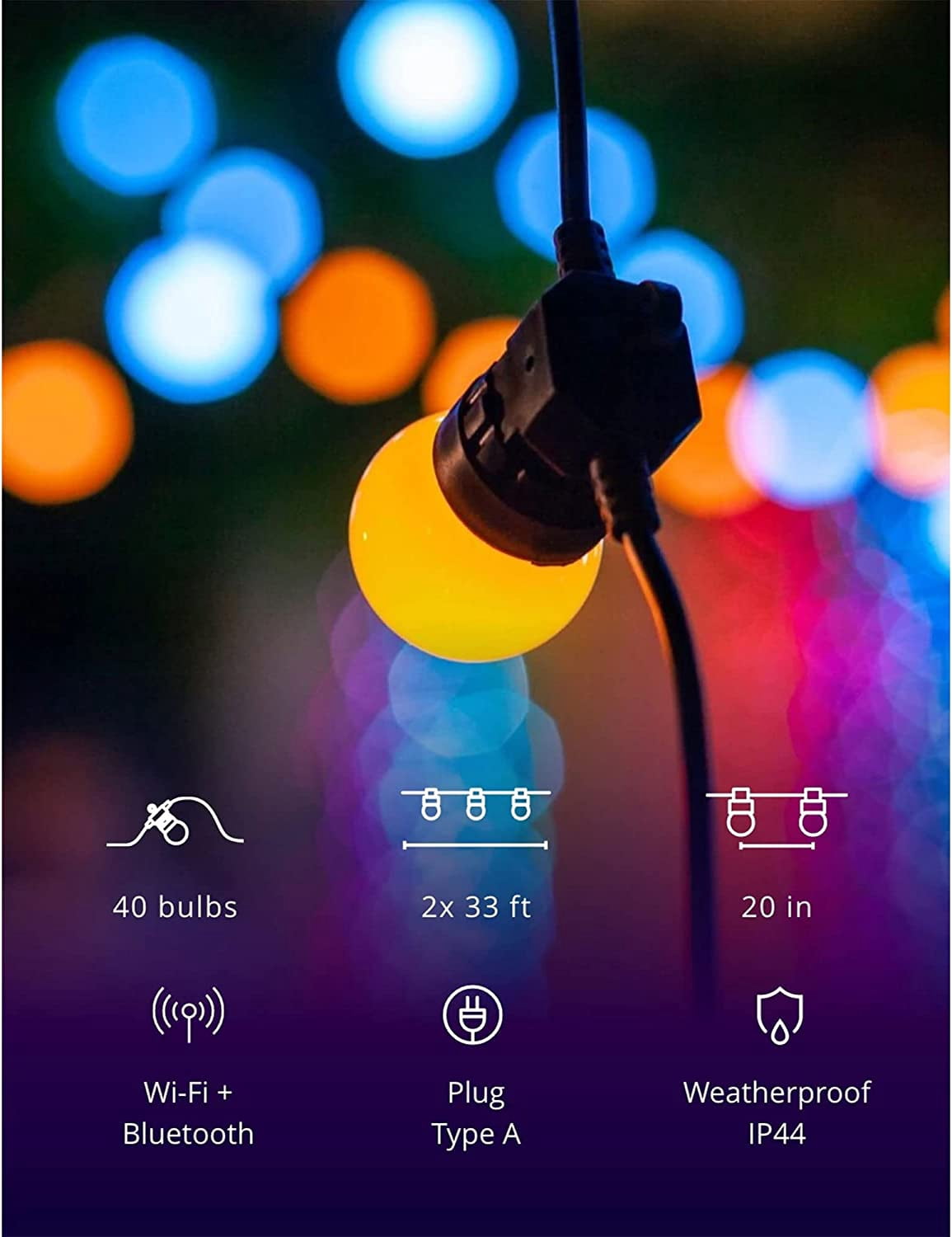 Twinkly Festoon – App-Controlled LED Bulb Lights String with 40 RGB (16 Million Colors) LEDs. 65.6 feet. Black Cable. Indoor and Outdoor Smart Lighting Decoration