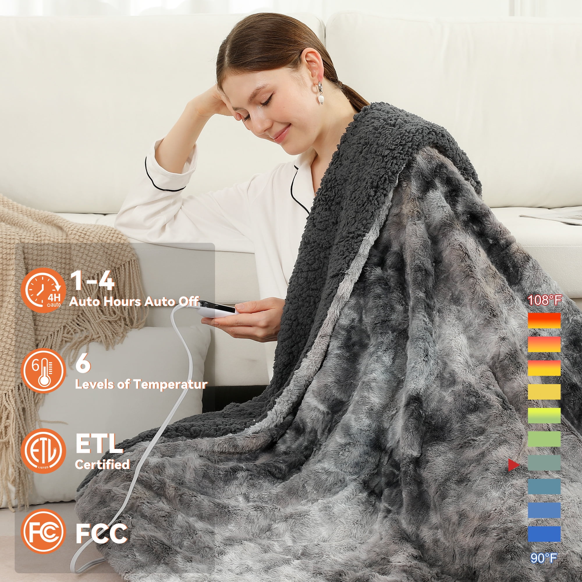 TRUSTWARMTH Electric Heated Throw Blanket - Faux Fur Sherpa 50"x60" Fast Heating Bed Blankets Throw with 6 Heating Levels & 4 Hours Auto off, Over-Heat Protection ETL, Dark Gray