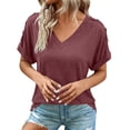 thumbnail image 2 of ClodeEU Women's V Neck Short Sleeve Button Top ,Solid Color Casual Loose Blouse Wine,Womens Plus M, 2 of 7
