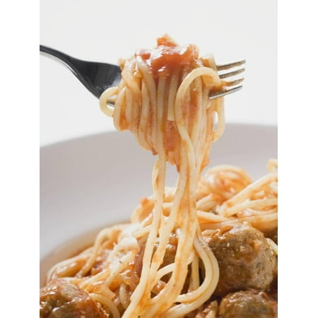 Spaghetti with Meatballs and Tomato Sauce on Fork Print Wall