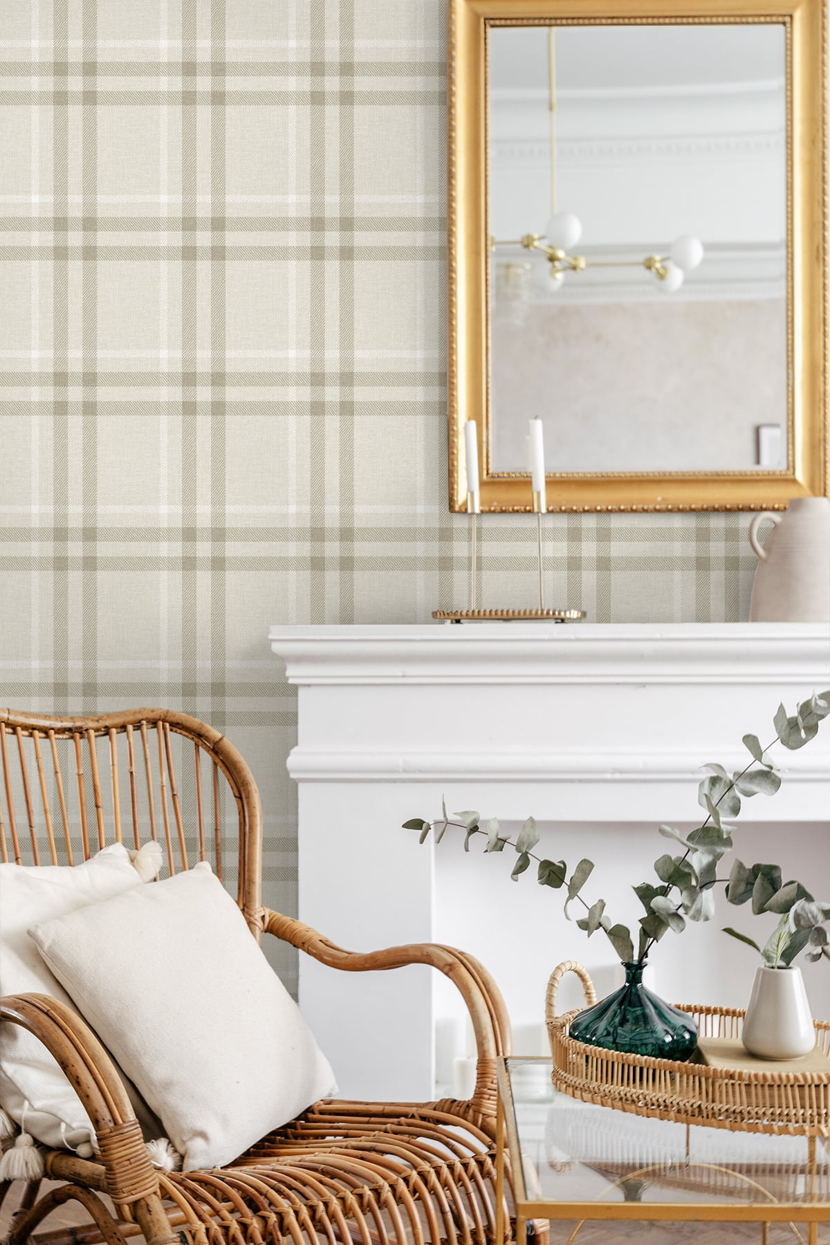 NextWall French Vanilla Calverlay Plaid Peel and Stick Wallpaper - 20.9 in. W. x 18 ft. L. Roll