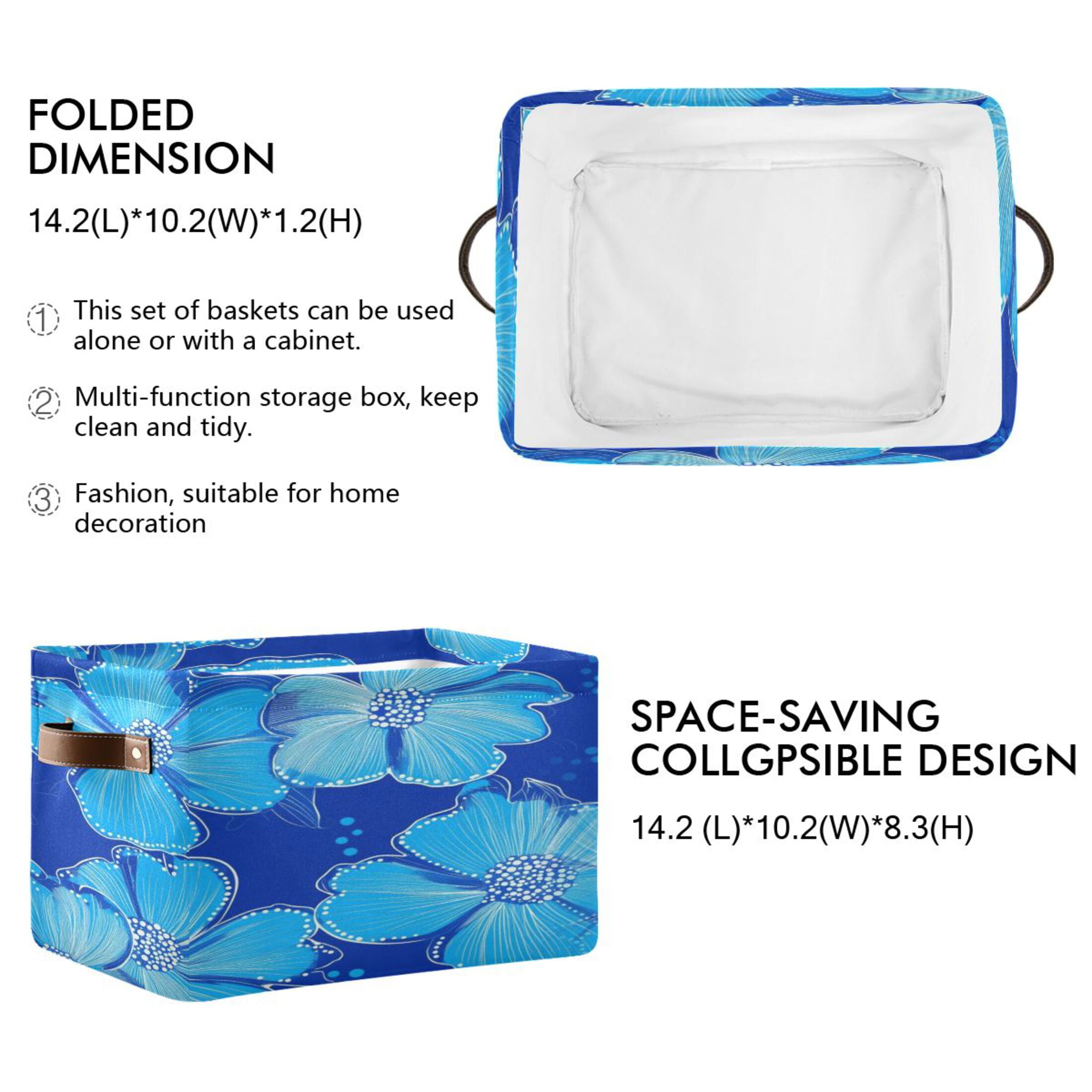 Blue Flowers Small Dot Design Foldable Storage Basket,Canvas Fabric Foldable Storage Bins with Handles Open Home Storage Bins Boxes for Toy Book Shelf Closet Baskets