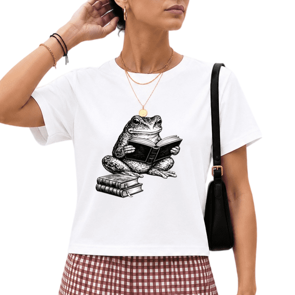 Giffimy Women's White Vintage Sketch Reading Frog Stacked Book Graphic Short Sleeve Crop T-Shirt Crewneck XS-XL Top
