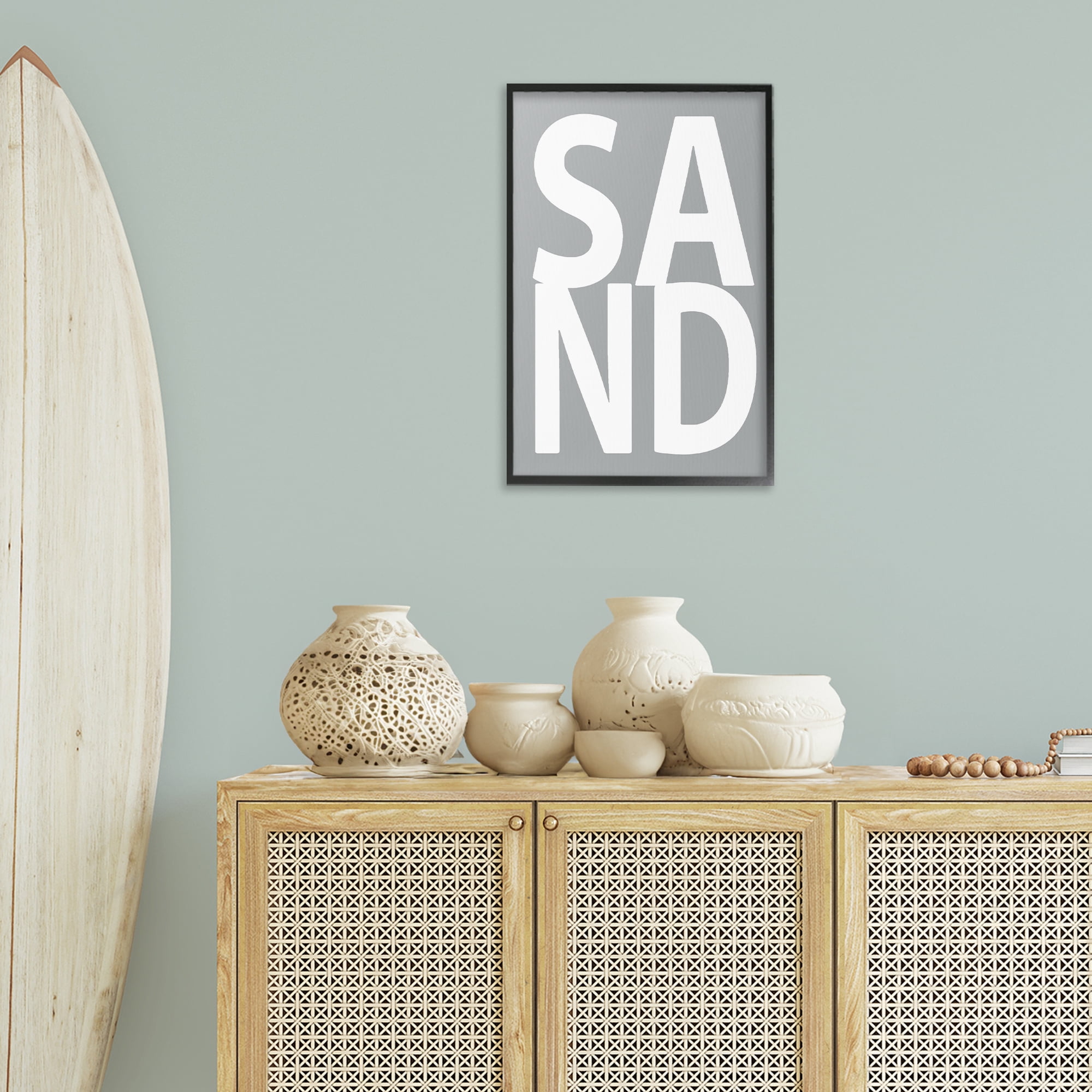 Stupell Industries Sand Word on Grey Typography Painting Black Framed Art Print Wall Art, 16 x 24