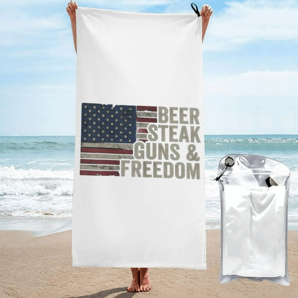 Toalla de playa de microfibra con bandera del 4 de julio, para beber, con forma de bistec, armas y libertad, para desfiles, natación, yoga, mujeres y hombres