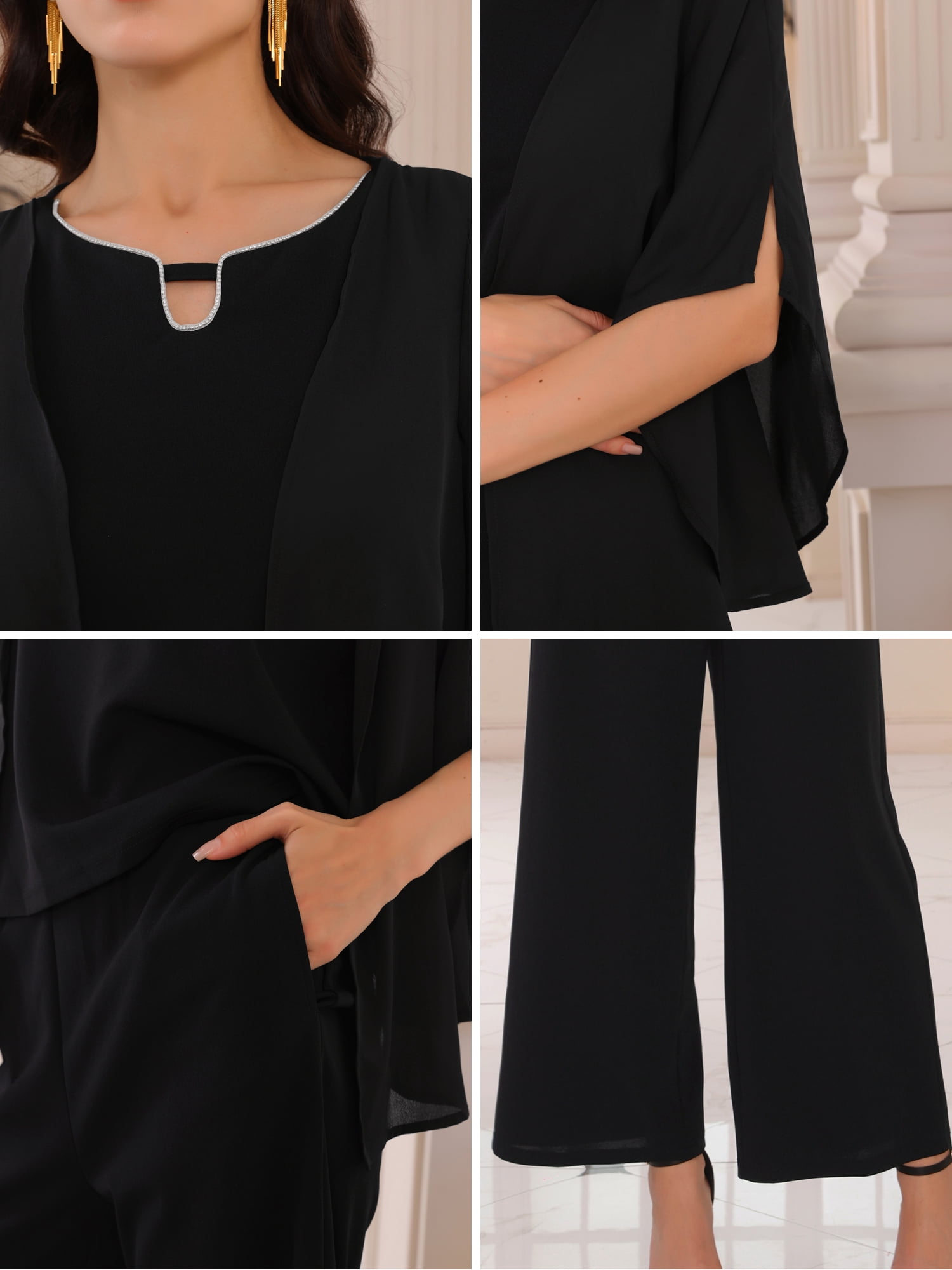 DARING DIVA Women's Dressy Pantsuits Wedding 2 Piece Sets Formal Chiffon Top M Black