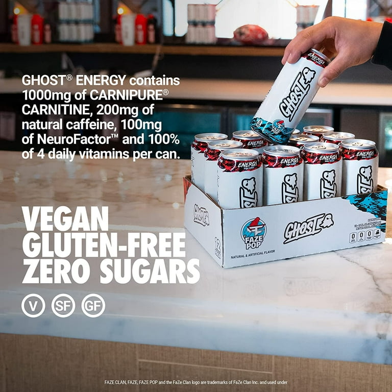 GHOST Energy Drink, Zero Sugar, Faze Pop Flavor, 16 oz Can, 12 Pack, Natural Caffeine, Vegan-Friendly - Walmart.com GHOST Energy Drink, Zero Sugar, Faze Pop Flavor, 16 oz Can, 12 Pack, Natural Caffeine, Vegan-Friendly - Walmart.com