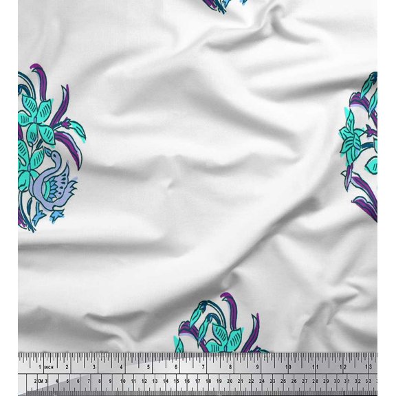 Soimoi Crepe Silk Fabric Leaves,Duck & Floral Block Print Fabric by The Yard 42 Inch Wide