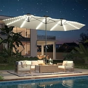 AECOJOY 15ft Patio Umbrella with Solar Lights, Large Double Umbrella Outdoor Patio, Rectangle TableUmbrella with 156 PCS LED Lights and Crank Handle for Backyard Deck Pool Shade in Beige