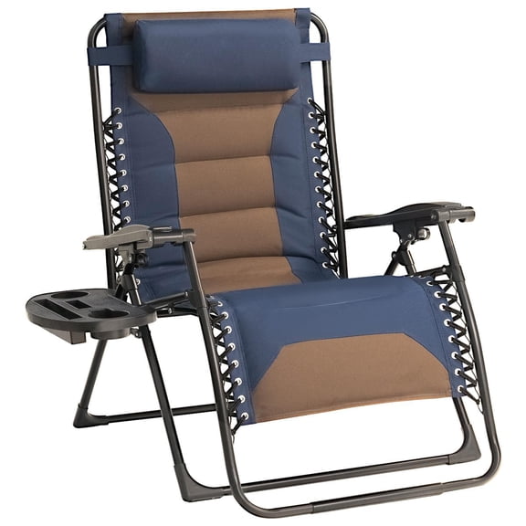 Zero Gravity Chair Oversized Padded Recliner with Adjustable Headrest & Cup Holder - 600D Oxford Folding Lounge Chair for Outdoor Camping, Patio, Poolside (Brown & Blue)